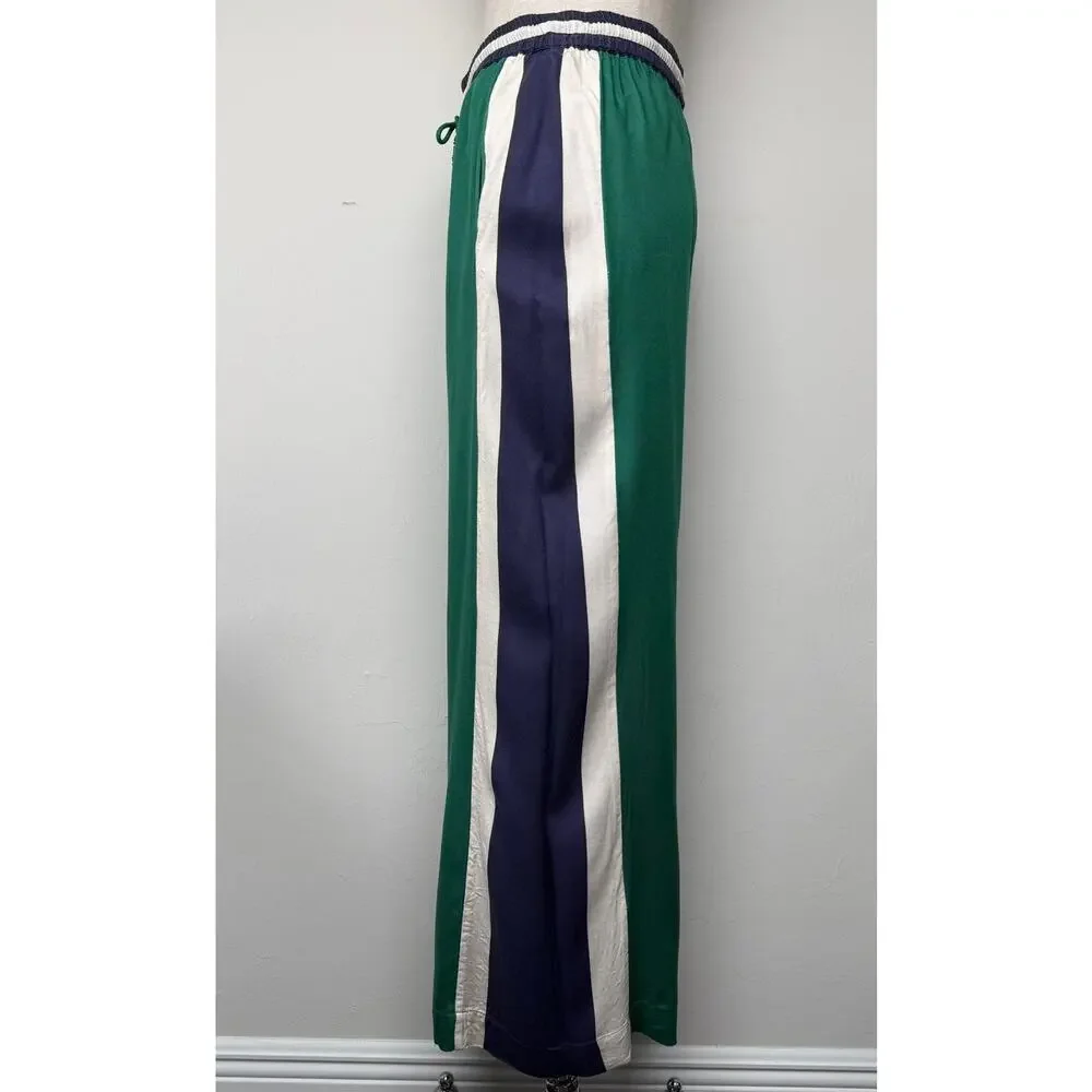 Farm Rio x Anthropologie Green Navy Wide Leg Track Pants Striped Drawstring S - Picture 12 of 16